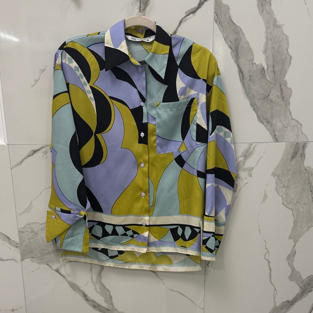 Zara Multicolor Abstract Button Down Long Sleeve … - image 3